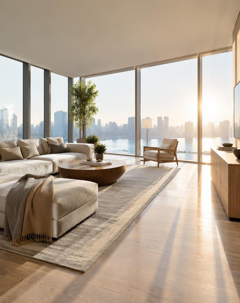 Sunlit living room with spotless floor-to-ceiling windows