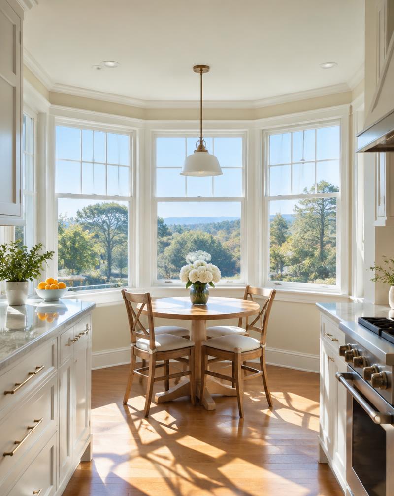 Bright kitchen with clean bay windows